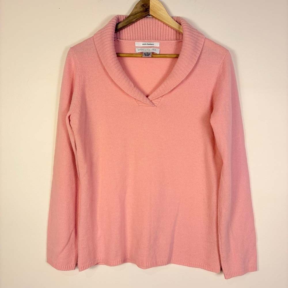 Pursuits 100% Cashmere Pink Shawl Collar V-Neck Pullover Long Sleeve Sweater